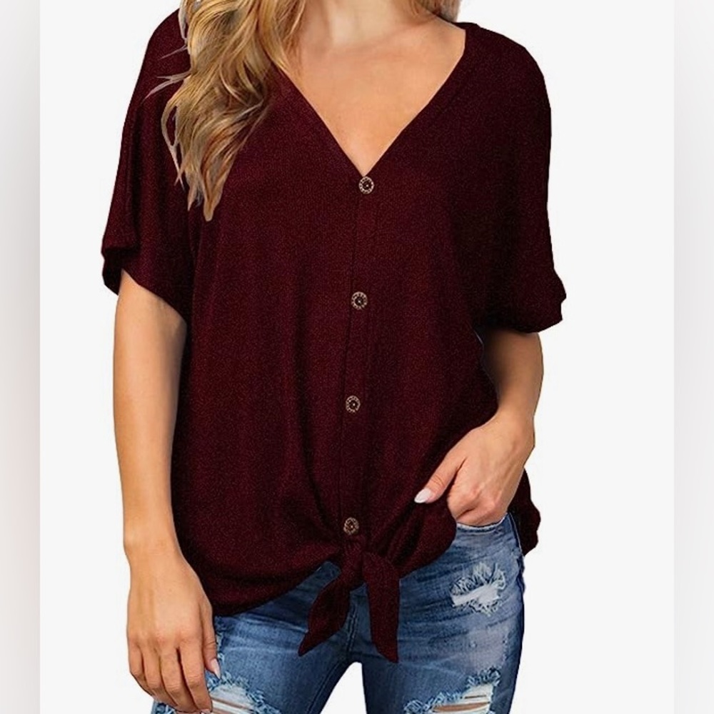 Waffle Knit Tie Front Blouse